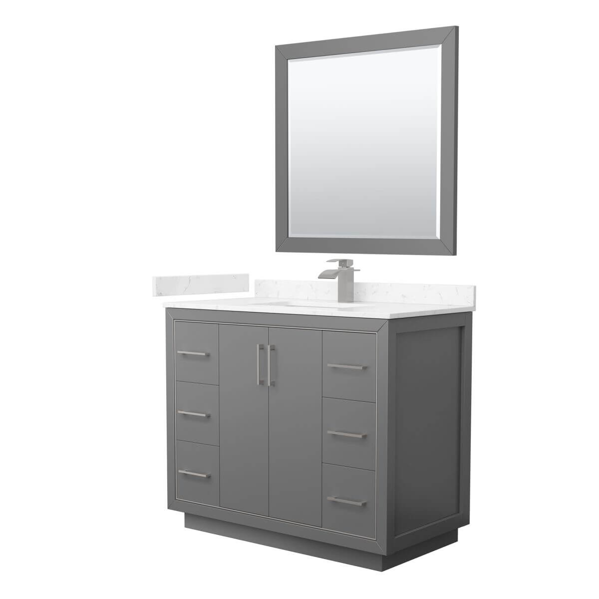 Wyndham Collection WCF111142SKGC2UNSM34 Icon 42 inch Single Bathroom Vanity in Dark Gray with Carrara Cultured Marble Countertop, Undermount Square Sink, Brushed Nickel Trim and 34 Inch Mirror