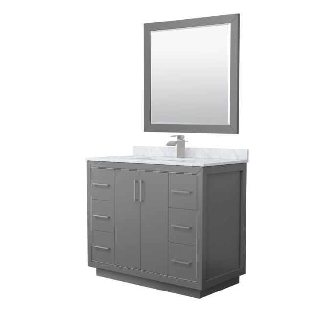 Wyndham Collection WCF111142SKGCMUNSM34 Icon 42 inch Single Bathroom Vanity in Dark Gray with White Carrara Marble Countertop, Undermount Square Sink, Brushed Nickel Trim and 34 Inch Mirror