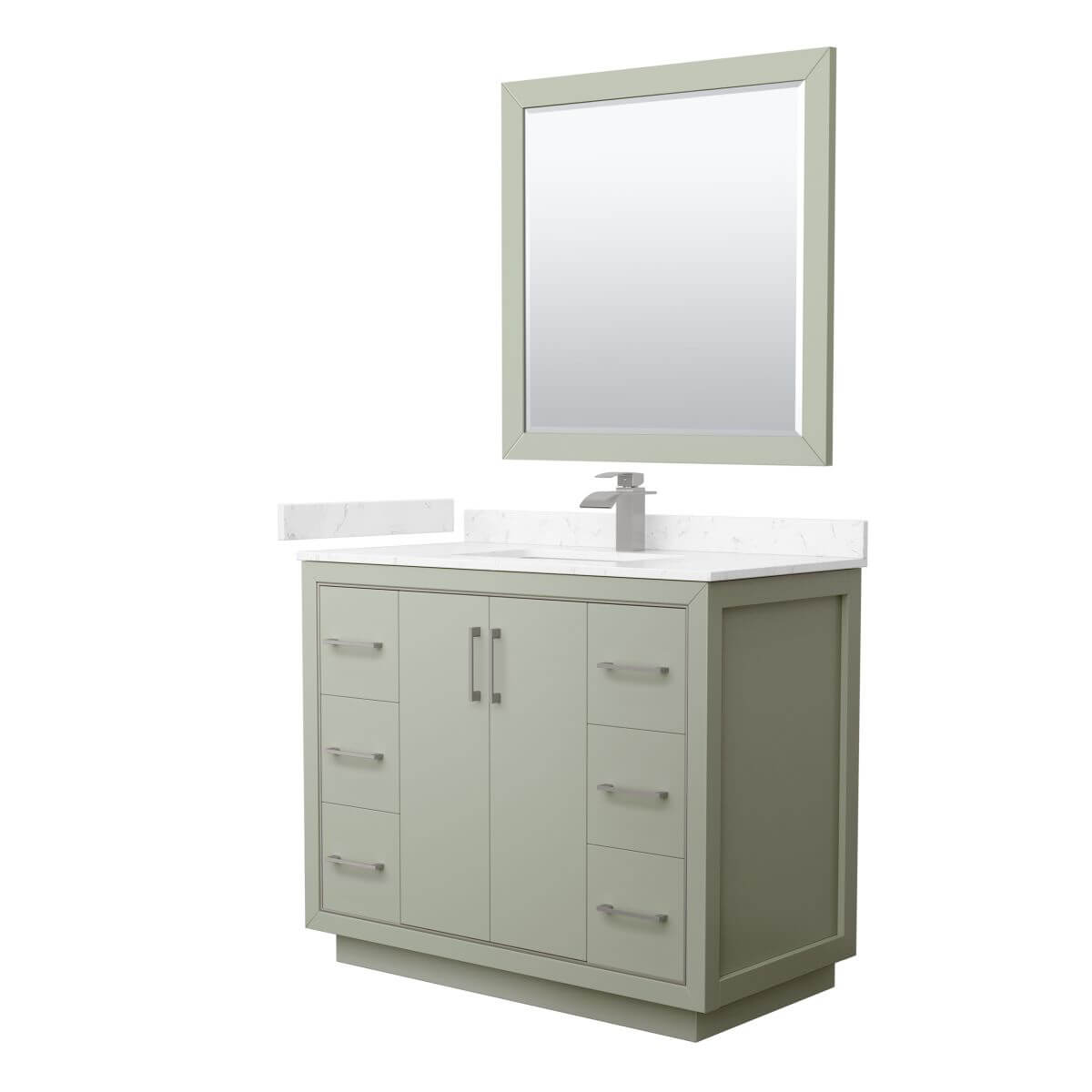 Wyndham Collection WCF111142SLGC2UNSM34 Icon 42 inch Single Bathroom Vanity in Light Green with Carrara Cultured Marble Countertop, Undermount Square Sink, Brushed Nickel Trim and 34 Inch Mirror