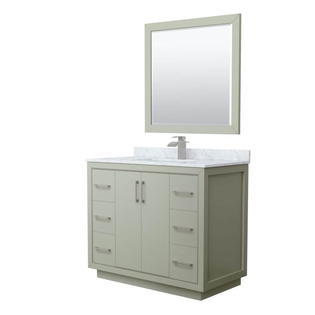 Wyndham Collection WCF111142SLGCMUNSM34 Icon 42 inch Single Bathroom Vanity in Light Green with White Carrara Marble Countertop, Undermount Square Sink, Brushed Nickel Trim and 34 Inch Mirror