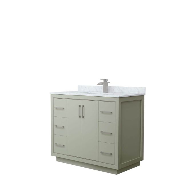 Wyndham Collection WCF111142SLGCMUNSMXX Icon 42 inch Single Bathroom Vanity in Light Green with White Carrara Marble Countertop, Undermount Square Sink and Brushed Nickel Trim
