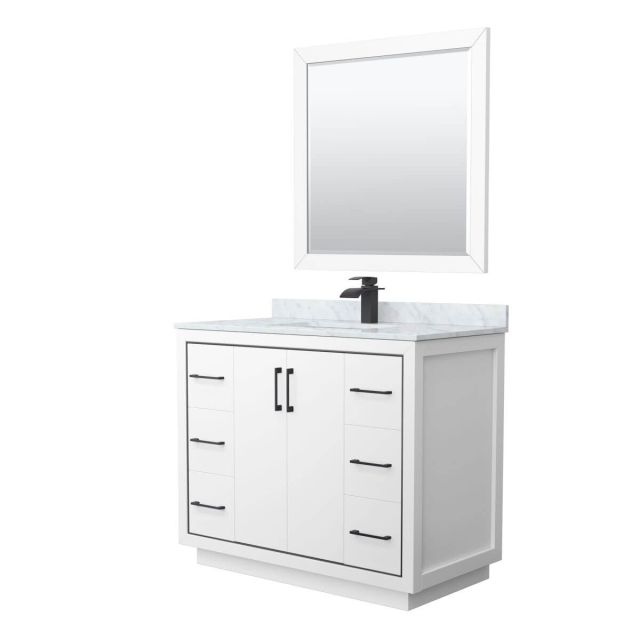 Wyndham Collection WCF111142SWBCMUNSM34 Icon 42 inch Single Bathroom Vanity in White with White Carrara Marble Countertop, Undermount Square Sink, Matte Black Trim and 34 Inch Mirror
