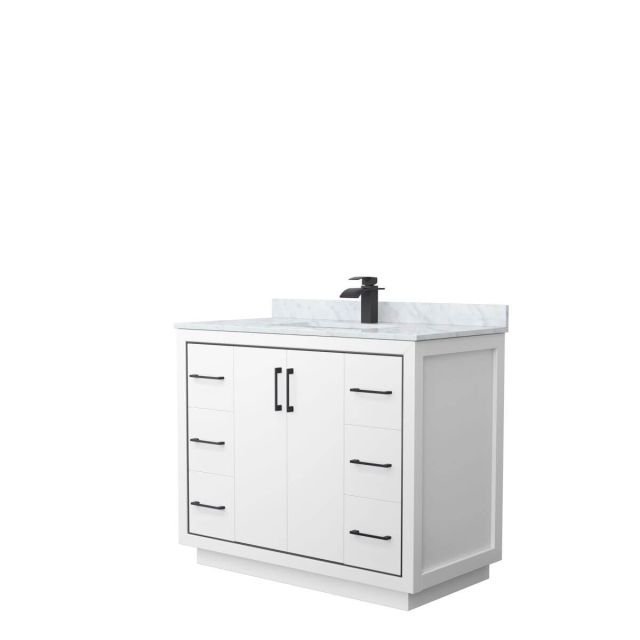 Wyndham Collection WCF111142SWBCMUNSMXX Icon 42 inch Single Bathroom Vanity in White with White Carrara Marble Countertop, Undermount Square Sink and Matte Black Trim