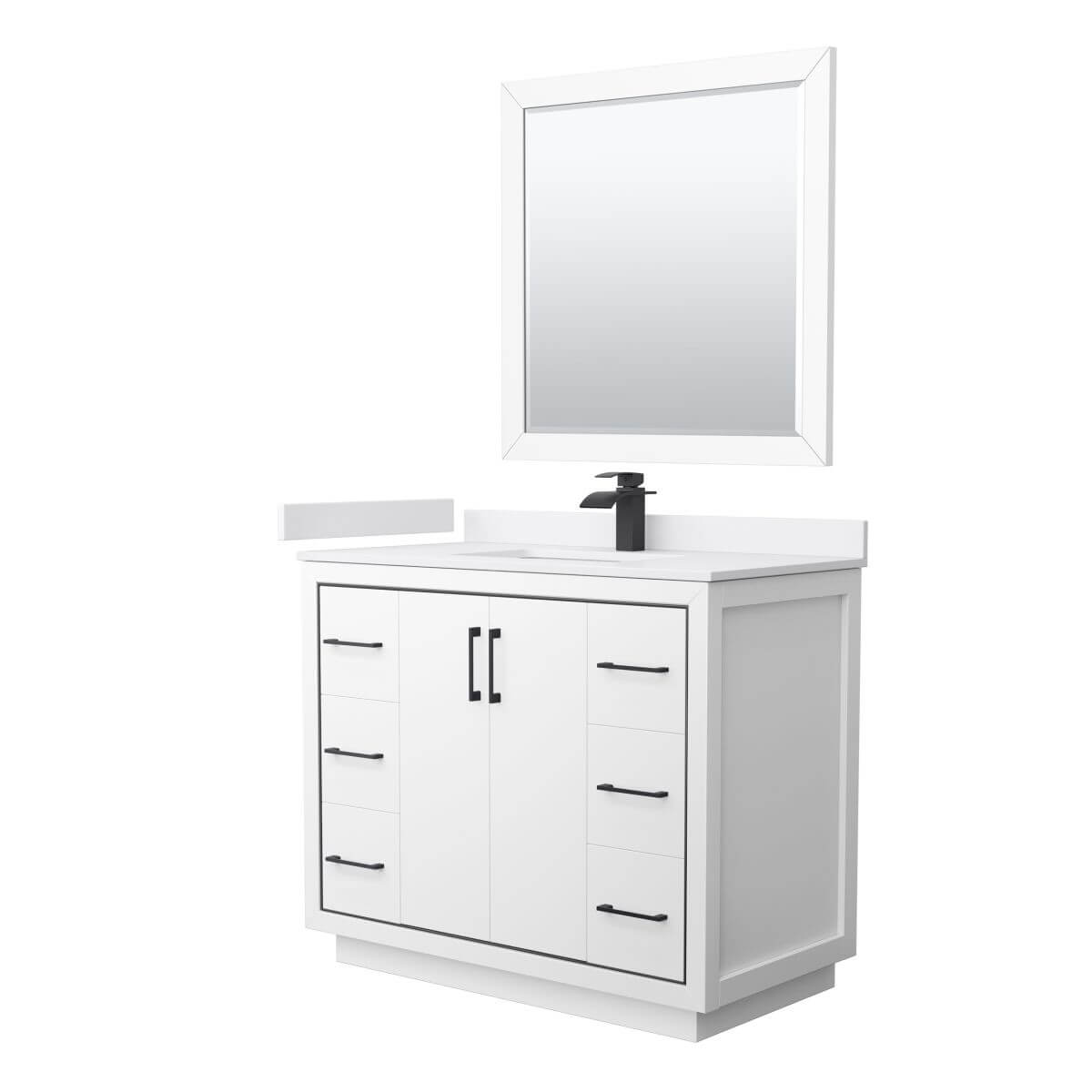 Wyndham Collection WCF111142SWBWCUNSM34 Icon 42 inch Single Bathroom Vanity in White with White Cultured Marble Countertop, Undermount Square Sink, Matte Black Trim and 34 Inch Mirror