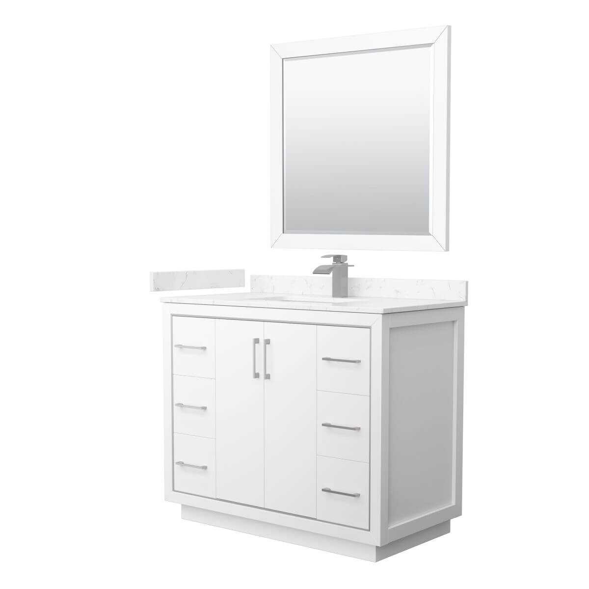 Wyndham Collection WCF111142SWHC2UNSM34 Icon 42 inch Single Bathroom Vanity in White with Carrara Cultured Marble Countertop, Undermount Square Sink, Brushed Nickel Trim and 34 Inch Mirror