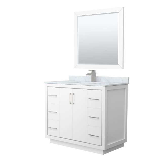 Wyndham Collection WCF111142SWHCMUNSM34 Icon 42 inch Single Bathroom Vanity in White with White Carrara Marble Countertop, Undermount Square Sink, Brushed Nickel Trim and 34 Inch Mirror