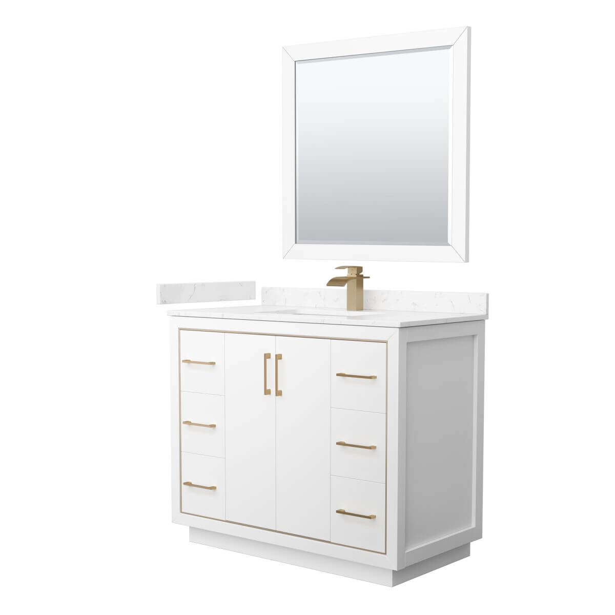 Wyndham Collection WCF111142SWZC2UNSM34 Icon 42 inch Single Bathroom Vanity in White with Carrara Cultured Marble Countertop, Undermount Square Sink, Satin Bronze Trim and 34 Inch Mirror