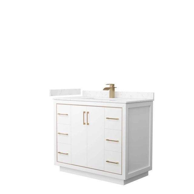 Wyndham Collection WCF111142SWZC2UNSMXX Icon 42 inch Single Bathroom Vanity in White with Carrara Cultured Marble Countertop, Undermount Square Sink and Satin Bronze Trim