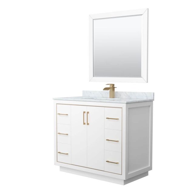 Wyndham Collection WCF111142SWZCMUNSM34 Icon 42 inch Single Bathroom Vanity in White with White Carrara Marble Countertop, Undermount Square Sink, Satin Bronze Trim and 34 Inch Mirror