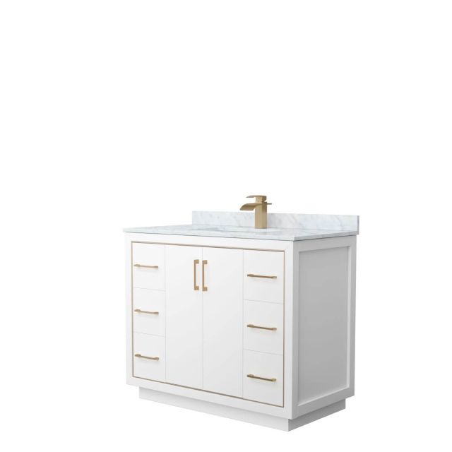 Wyndham Collection WCF111142SWZCMUNSMXX Icon 42 inch Single Bathroom Vanity in White with White Carrara Marble Countertop, Undermount Square Sink and Satin Bronze Trim