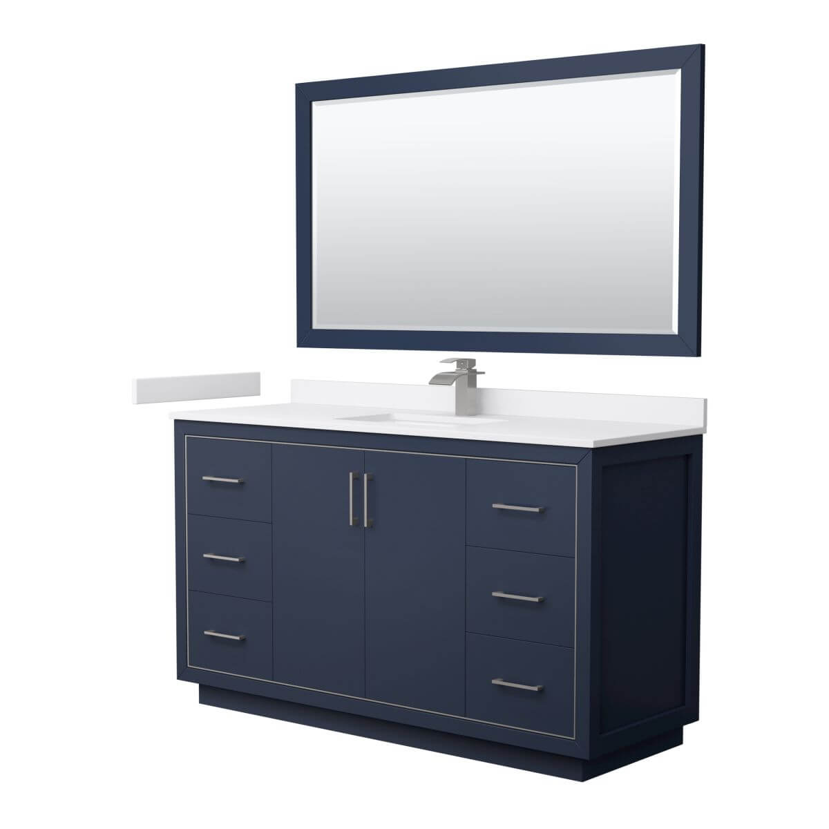 Wyndham Collection WCF111160SBNWCUNSM58 Icon 60 inch Single Bathroom Vanity in Dark Blue with White Cultured Marble Countertop, Undermount Square Sink, Brushed Nickel Trim and 58 Inch Mirror