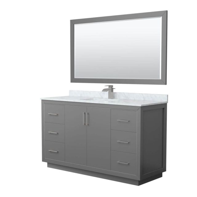Wyndham Collection WCF111160SKGCMUNSM58 Icon 60 inch Single Bathroom Vanity in Dark Gray with White Carrara Marble Countertop, Undermount Square Sink, Brushed Nickel Trim and 58 Inch Mirror