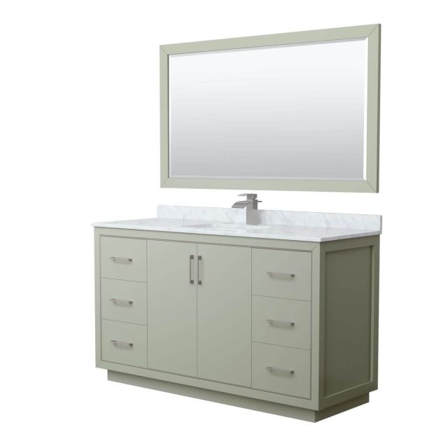 Wyndham Collection WCF111160SLGCMUNSM58 Icon 60 inch Single Bathroom Vanity in Light Green with White Carrara Marble Countertop, Undermount Square Sink, Brushed Nickel Trim and 58 Inch Mirror