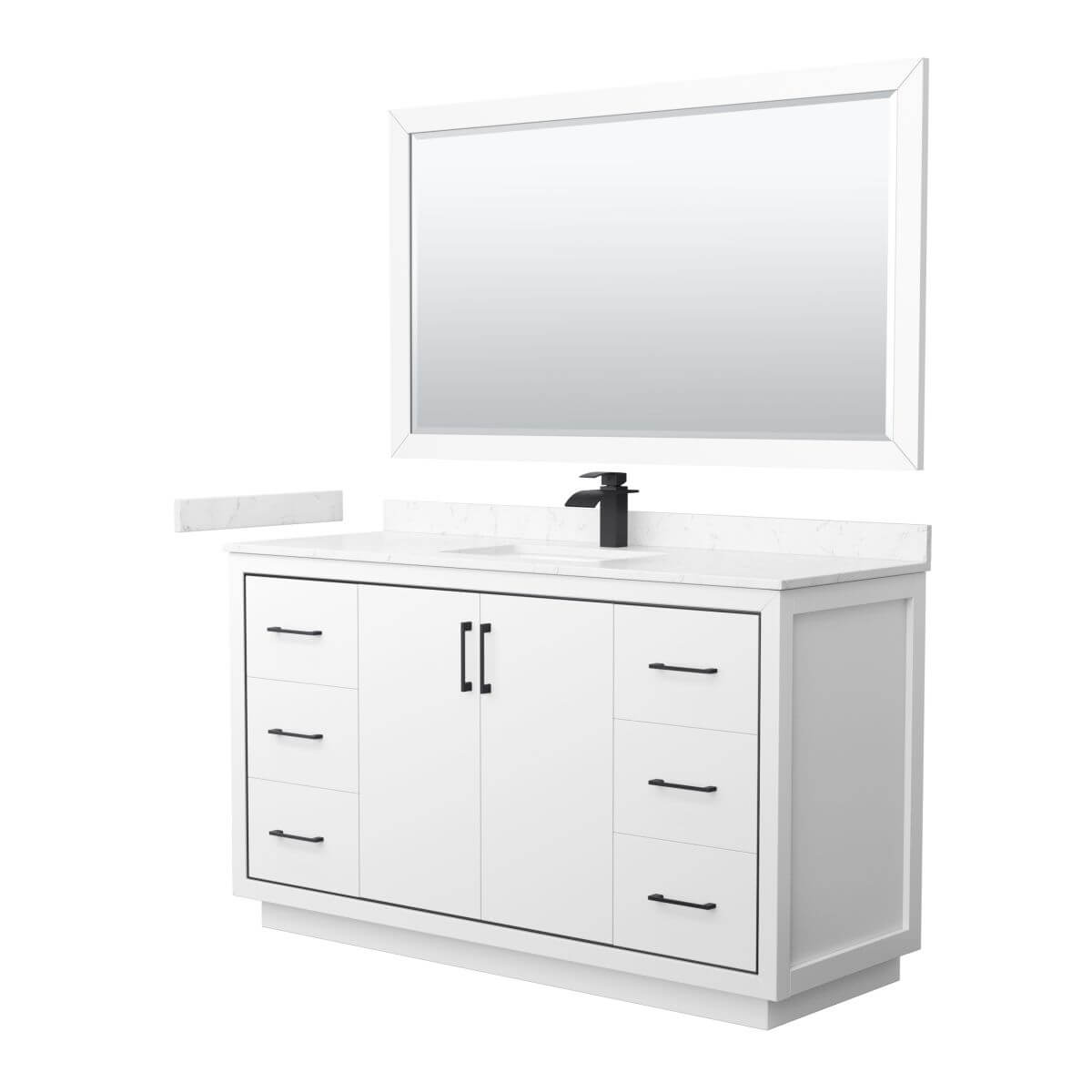 Wyndham Collection WCF111160SWBC2UNSM58 Icon 60 inch Single Bathroom Vanity in White with Carrara Cultured Marble Countertop, Undermount Square Sink, Matte Black Trim and 58 Inch Mirror