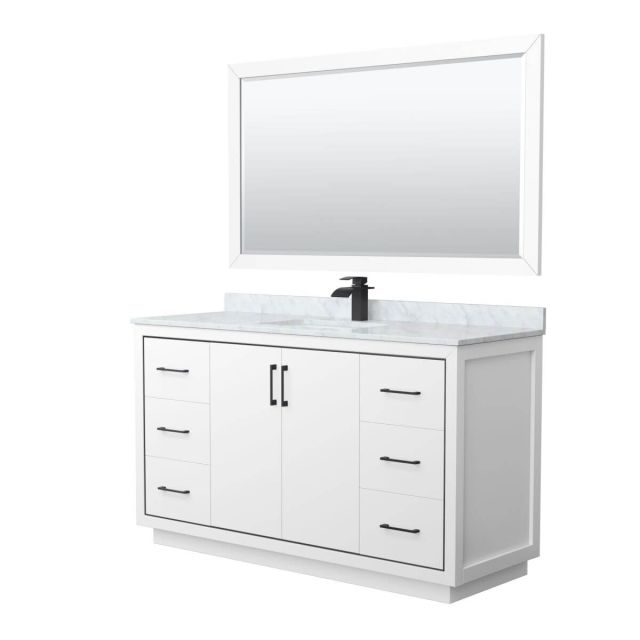 Wyndham Collection WCF111160SWBCMUNSM58 Icon 60 inch Single Bathroom Vanity in White with White Carrara Marble Countertop, Undermount Square Sink, Matte Black Trim and 58 Inch Mirror