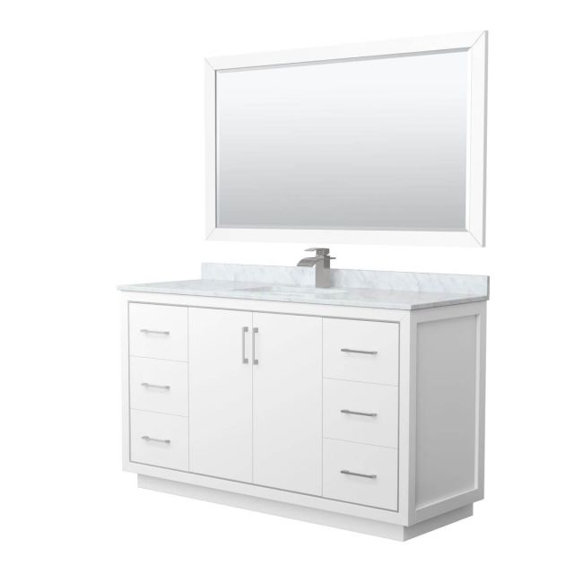 Wyndham Collection WCF111160SWHCMUNSM58 Icon 60 inch Single Bathroom Vanity in White with White Carrara Marble Countertop, Undermount Square Sink, Brushed Nickel Trim and 58 Inch Mirror