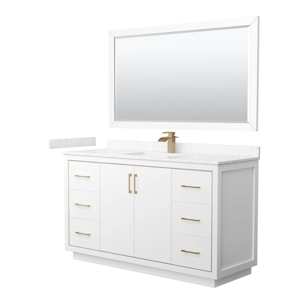 Wyndham Collection WCF111160SWZC2UNSM58 Icon 60 inch Single Bathroom Vanity in White with Carrara Cultured Marble Countertop, Undermount Square Sink, Satin Bronze Trim and 58 Inch Mirror