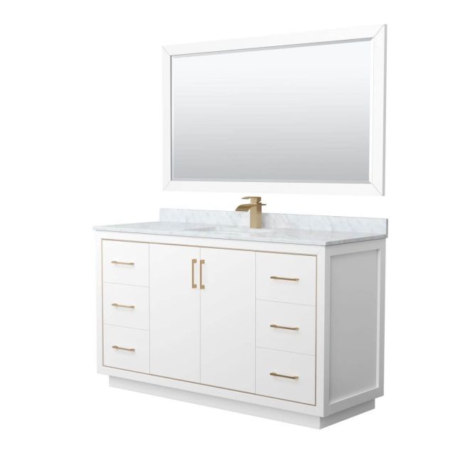 Wyndham Collection WCF111160SWZCMUNSM58 Icon 60 inch Single Bathroom Vanity in White with White Carrara Marble Countertop, Undermount Square Sink, Satin Bronze Trim and 58 Inch Mirror