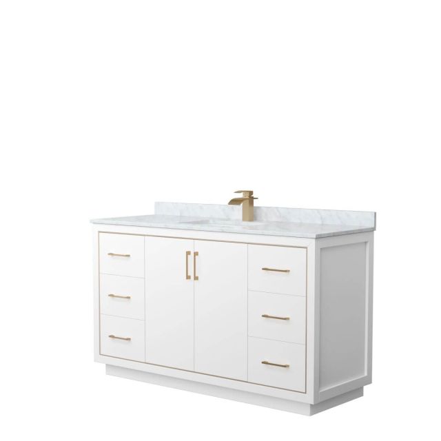 Wyndham Collection WCF111160SWZCMUNSMXX Icon 60 inch Single Bathroom Vanity in White with White Carrara Marble Countertop, Undermount Square Sink and Satin Bronze Trim