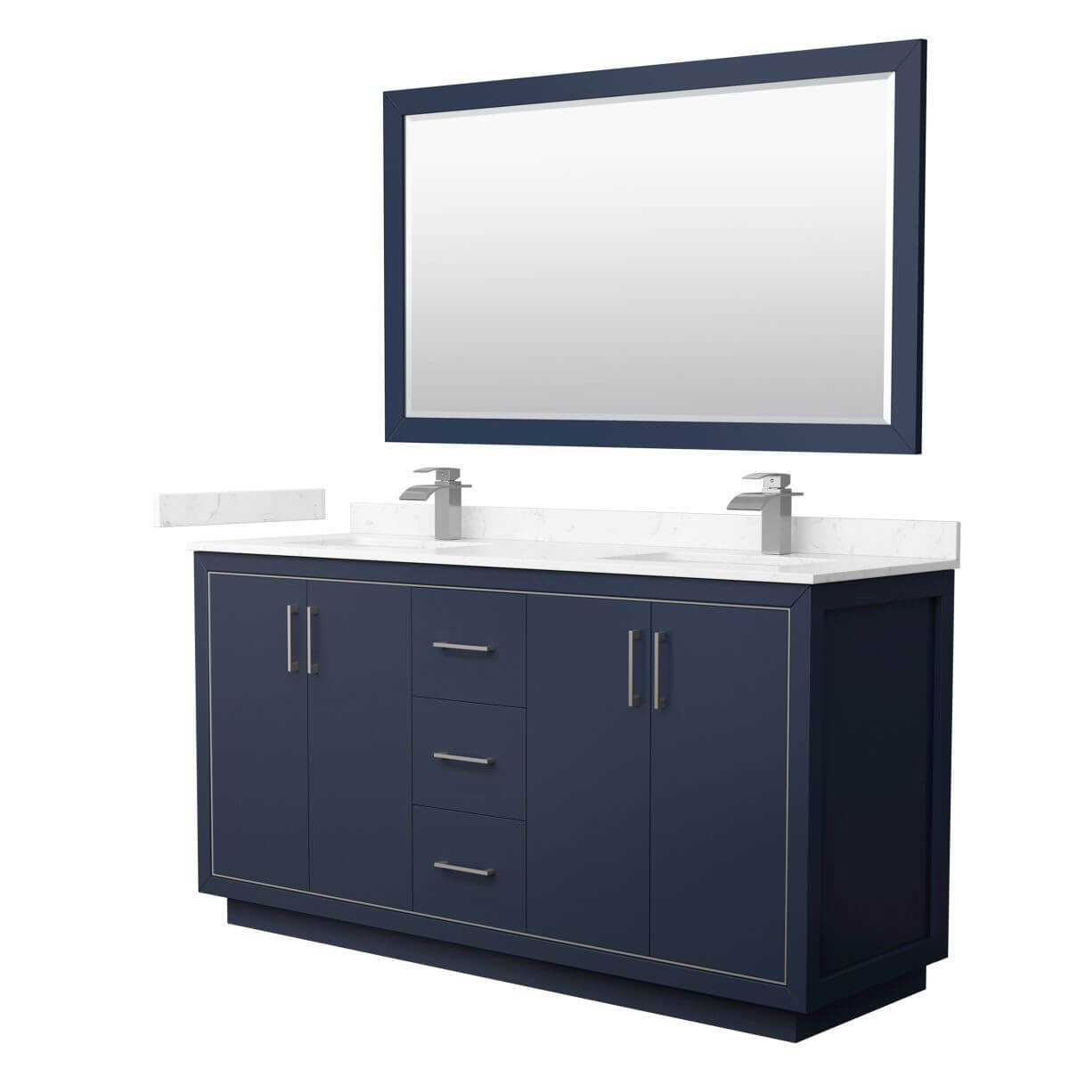 Wyndham Collection WCF111166DBNC2UNSM58 Icon 66 inch Double Bathroom Vanity in Dark Blue with Carrara Cultured Marble Countertop, Undermount Square Sinks, Brushed Nickel Trim and 58 Inch Mirror