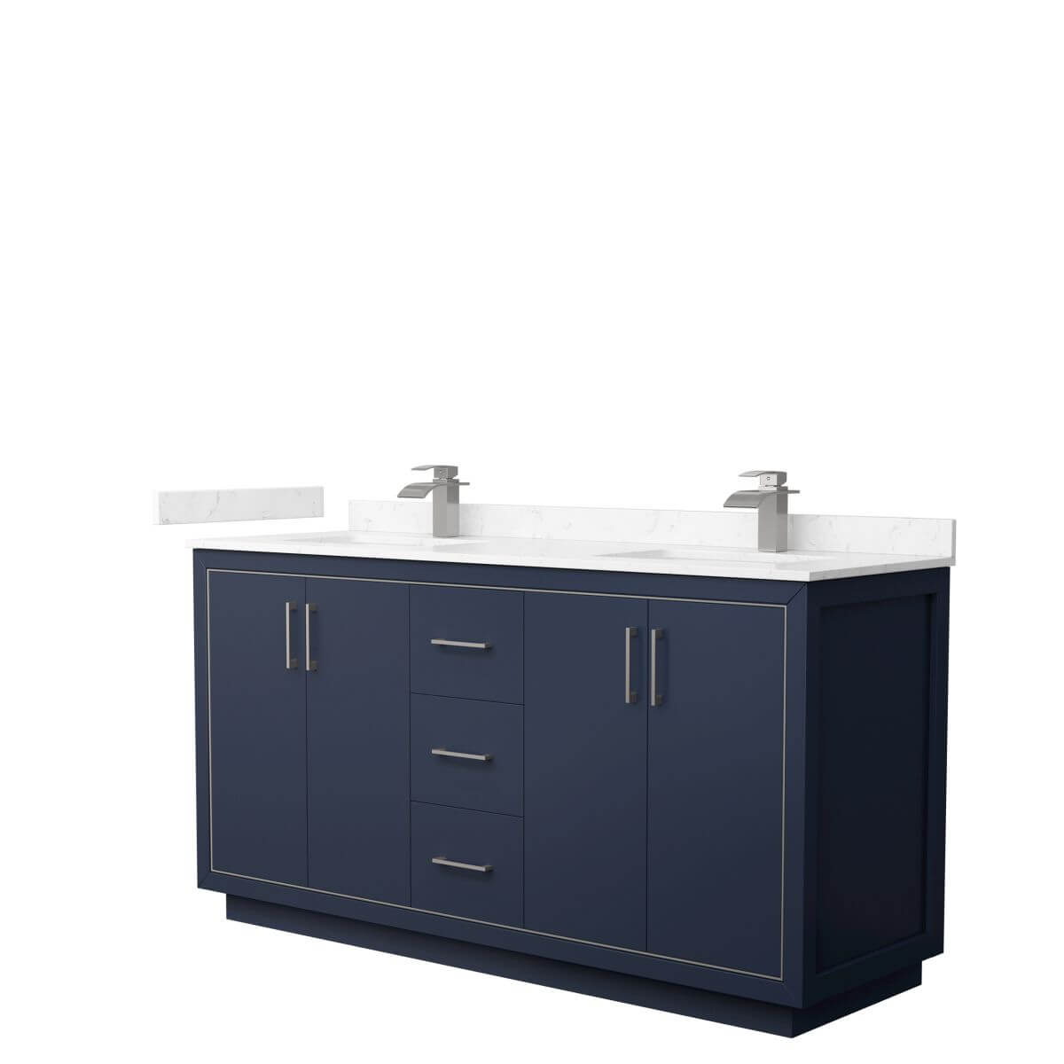 Wyndham Collection WCF111166DBNC2UNSMXX Icon 66 inch Double Bathroom Vanity in Dark Blue with Carrara Cultured Marble Countertop, Undermount Square Sinks and Brushed Nickel Trim