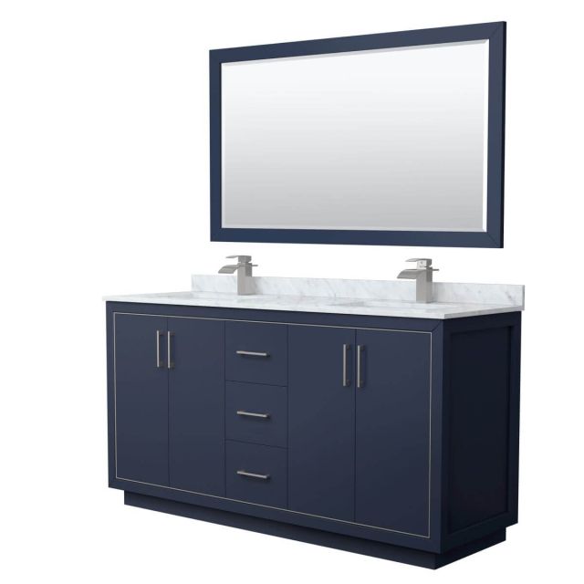 Wyndham Collection WCF111166DBNCMUNSM58 Icon 66 inch Double Bathroom Vanity in Dark Blue with White Carrara Marble Countertop, Undermount Square Sinks, Brushed Nickel Trim and 58 Inch Mirror