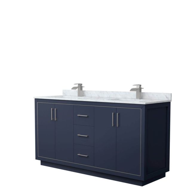 Wyndham Collection WCF111166DBNCMUNSMXX Icon 66 inch Double Bathroom Vanity in Dark Blue with White Carrara Marble Countertop, Undermount Square Sinks and Brushed Nickel Trim