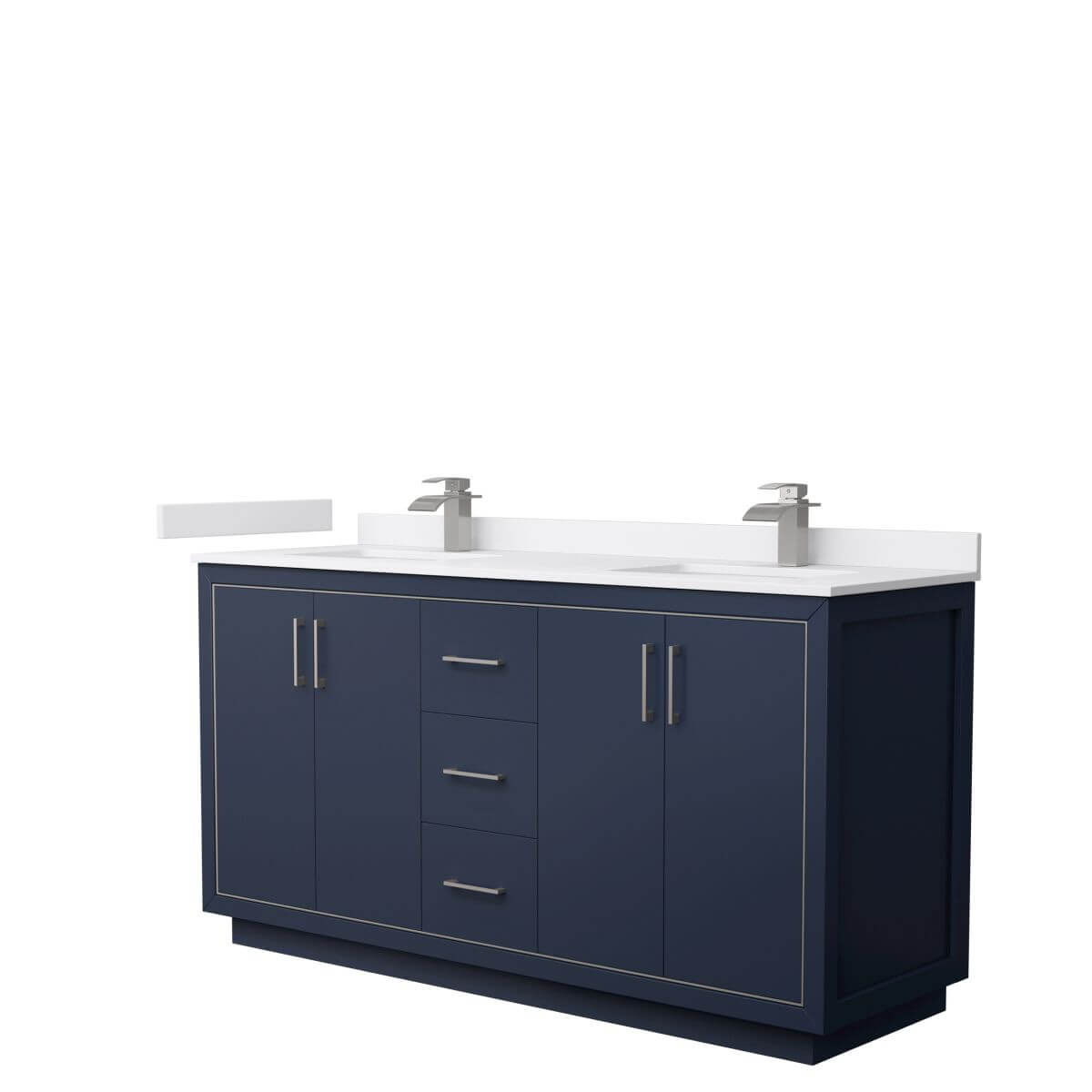 Wyndham Collection WCF111166DBNWCUNSMXX Icon 66 inch Double Bathroom Vanity in Dark Blue with White Cultured Marble Countertop, Undermount Square Sinks and Brushed Nickel Trim