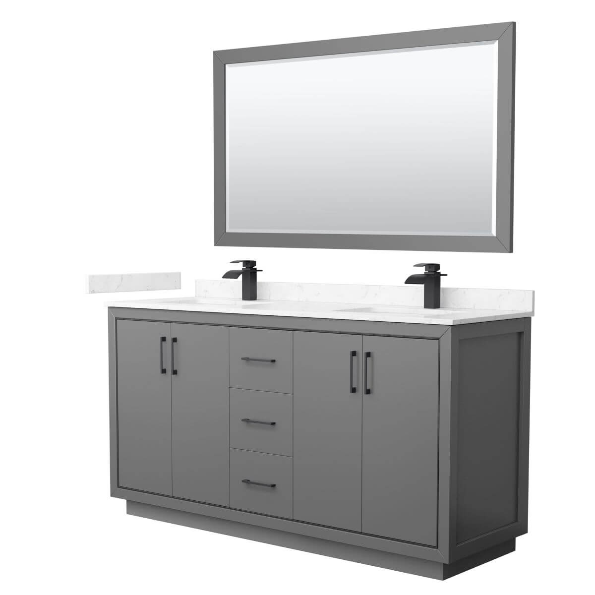 Wyndham Collection WCF111166DGBC2UNSM58 Icon 66 inch Double Bathroom Vanity in Dark Gray with Carrara Cultured Marble Countertop, Undermount Square Sinks, Matte Black Trim and 58 Inch Mirror