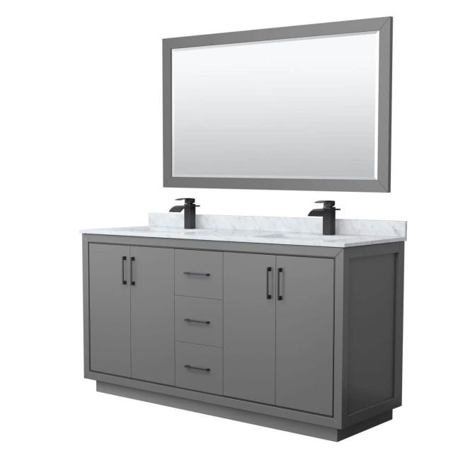 Wyndham Collection WCF111166DGBCMUNSM58 Icon 66 inch Double Bathroom Vanity in Dark Gray with White Carrara Marble Countertop, Undermount Square Sinks, Matte Black Trim and 58 Inch Mirror