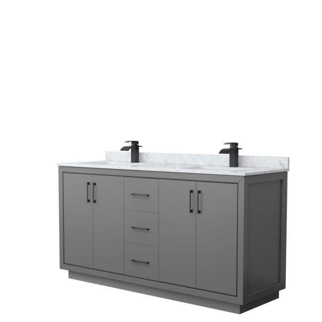 Wyndham Collection WCF111166DGBCMUNSMXX Icon 66 inch Double Bathroom Vanity in Dark Gray with White Carrara Marble Countertop, Undermount Square Sinks and Matte Black Trim