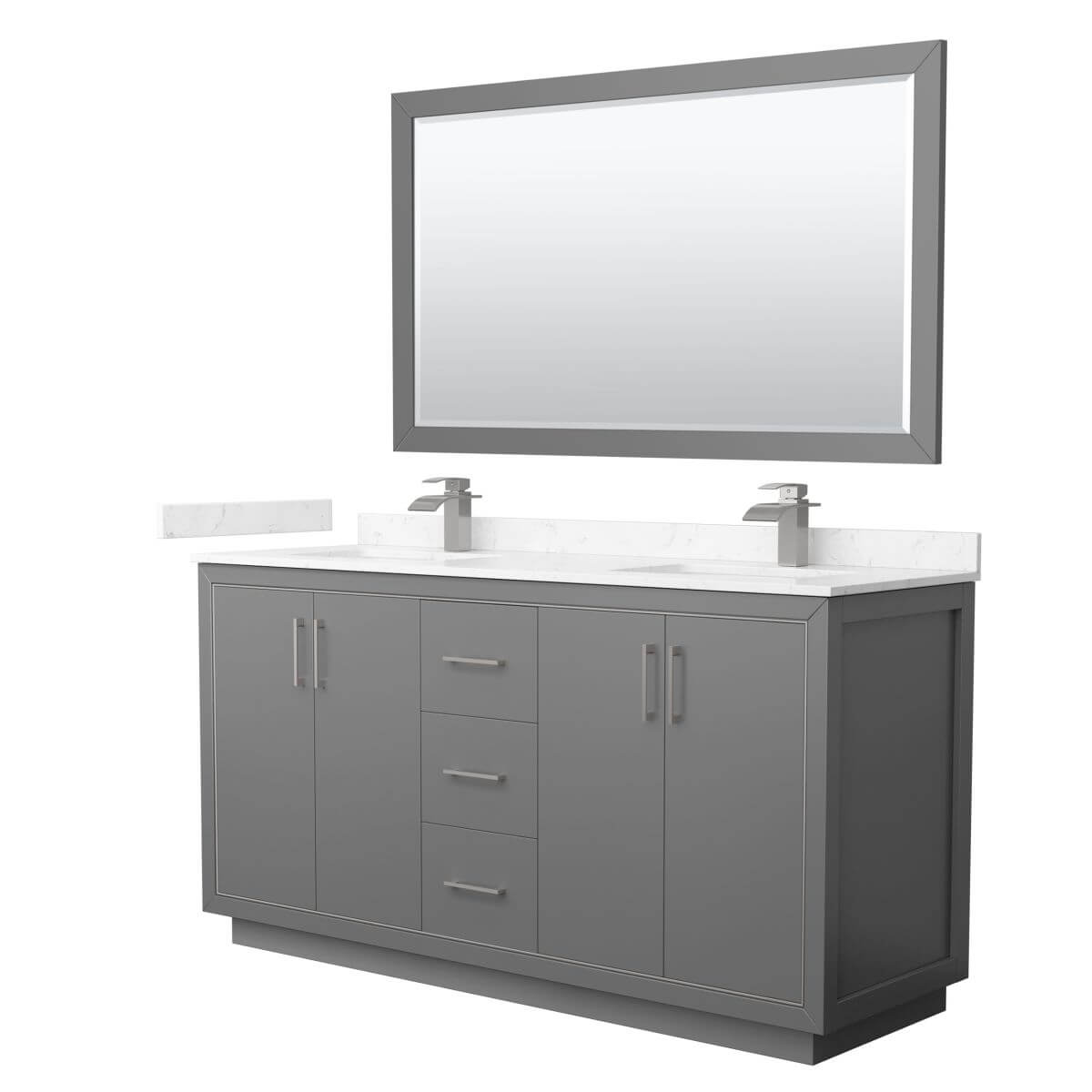 Wyndham Collection WCF111166DKGC2UNSM58 Icon 66 inch Double Bathroom Vanity in Dark Gray with Carrara Cultured Marble Countertop, Undermount Square Sinks, Brushed Nickel Trim and 58 Inch Mirror