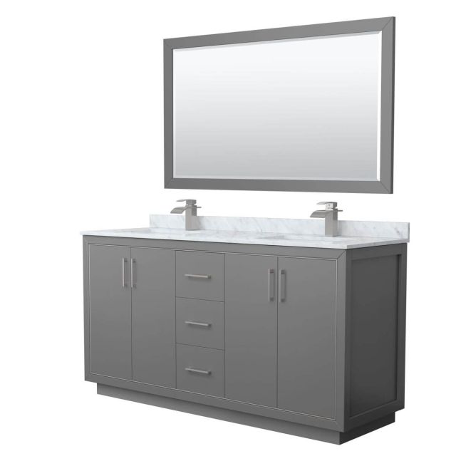 Wyndham Collection WCF111166DKGCMUNSM58 Icon 66 inch Double Bathroom Vanity in Dark Gray with White Carrara Marble Countertop, Undermount Square Sinks, Brushed Nickel Trim and 58 Inch Mirror