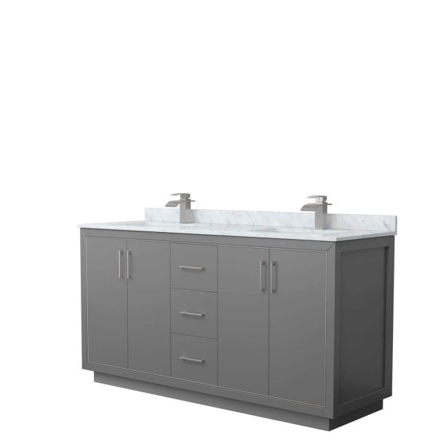 Wyndham Collection WCF111166DKGCMUNSMXX Icon 66 inch Double Bathroom Vanity in Dark Gray with White Carrara Marble Countertop, Undermount Square Sinks and Brushed Nickel Trim