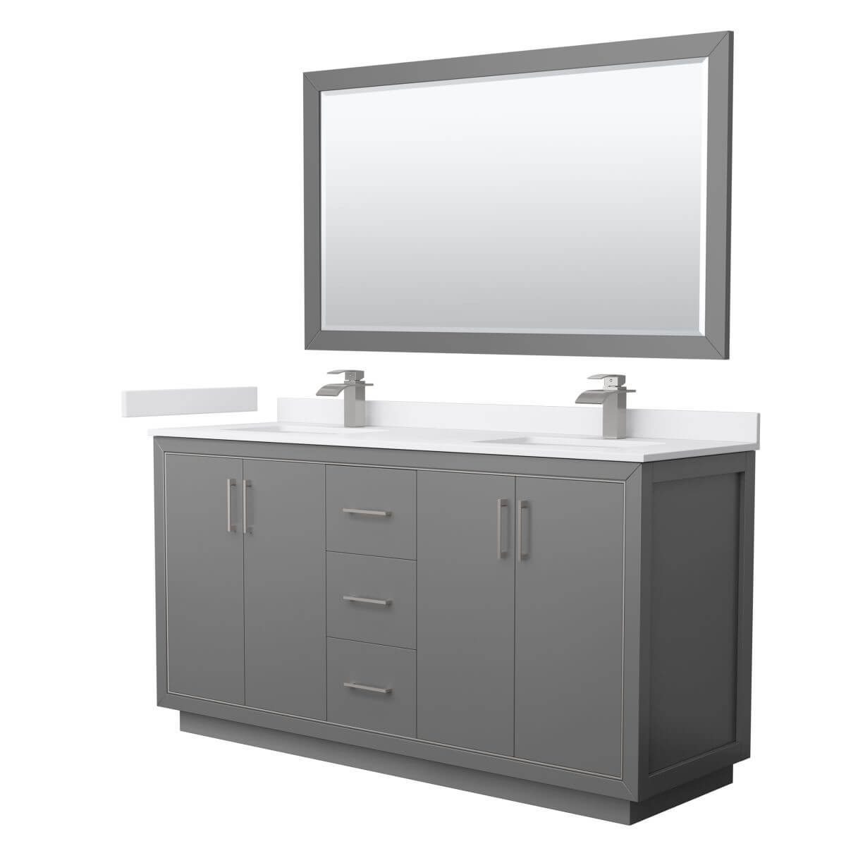 Wyndham Collection WCF111166DKGWCUNSM58 Icon 66 inch Double Bathroom Vanity in Dark Gray with White Cultured Marble Countertop, Undermount Square Sinks, Brushed Nickel Trim and 58 Inch Mirror