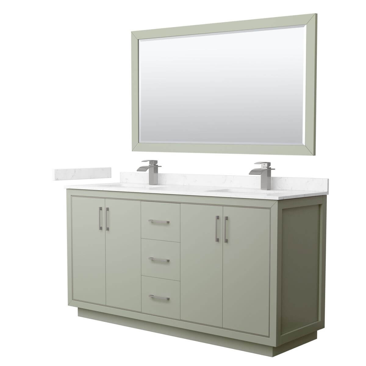Wyndham Collection WCF111166DLGC2UNSM58 Icon 66 inch Double Bathroom Vanity in Light Green with Carrara Cultured Marble Countertop, Undermount Square Sinks, Brushed Nickel Trim and 58 Inch Mirror