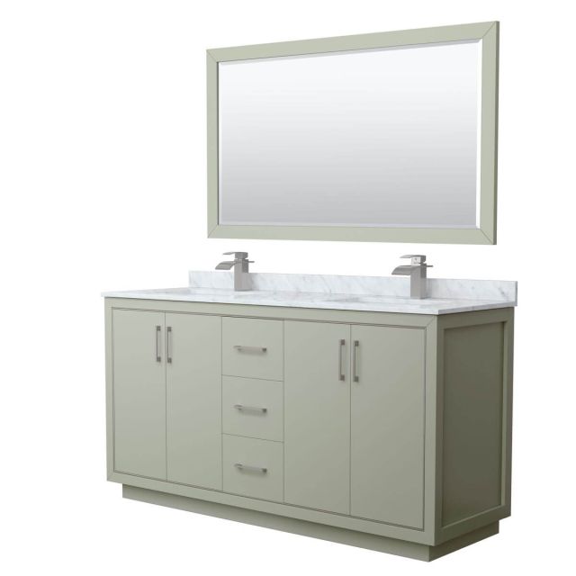 Wyndham Collection WCF111166DLGCMUNSM58 Icon 66 inch Double Bathroom Vanity in Light Green with White Carrara Marble Countertop, Undermount Square Sinks, Brushed Nickel Trim and 58 Inch Mirror