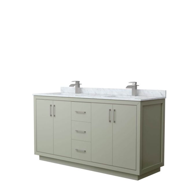 Wyndham Collection WCF111166DLGCMUNSMXX Icon 66 inch Double Bathroom Vanity in Light Green with White Carrara Marble Countertop, Undermount Square Sinks and Brushed Nickel Trim