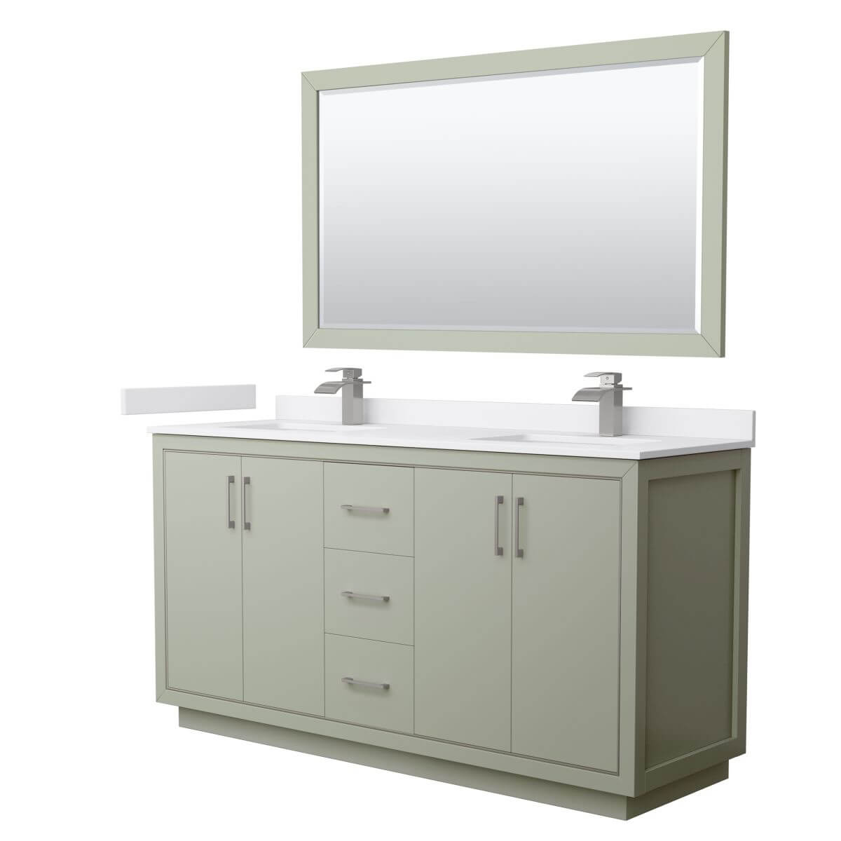 Wyndham Collection WCF111166DLGWCUNSM58 Icon 66 inch Double Bathroom Vanity in Light Green with White Cultured Marble Countertop, Undermount Square Sinks, Brushed Nickel Trim and 58 Inch Mirror