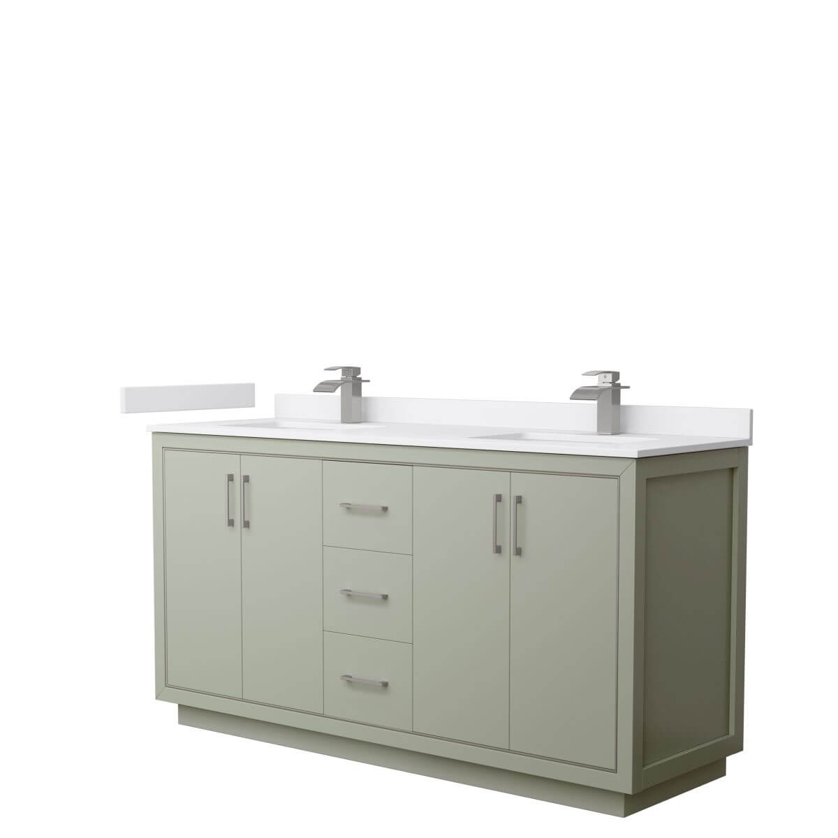 Wyndham Collection WCF111166DLGWCUNSMXX Icon 66 inch Double Bathroom Vanity in Light Green with White Cultured Marble Countertop, Undermount Square Sinks and Brushed Nickel Trim