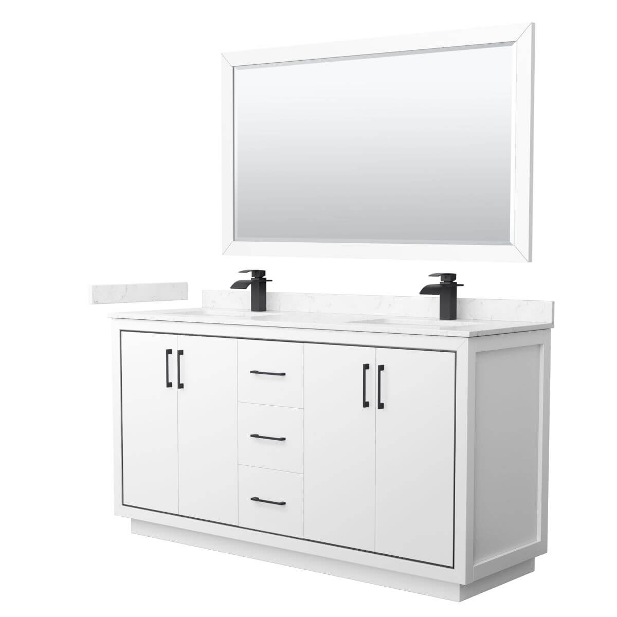 Wyndham Collection WCF111166DWBC2UNSM58 Icon 66 inch Double Bathroom Vanity in White with Carrara Cultured Marble Countertop, Undermount Square Sinks, Matte Black Trim and 58 Inch Mirror