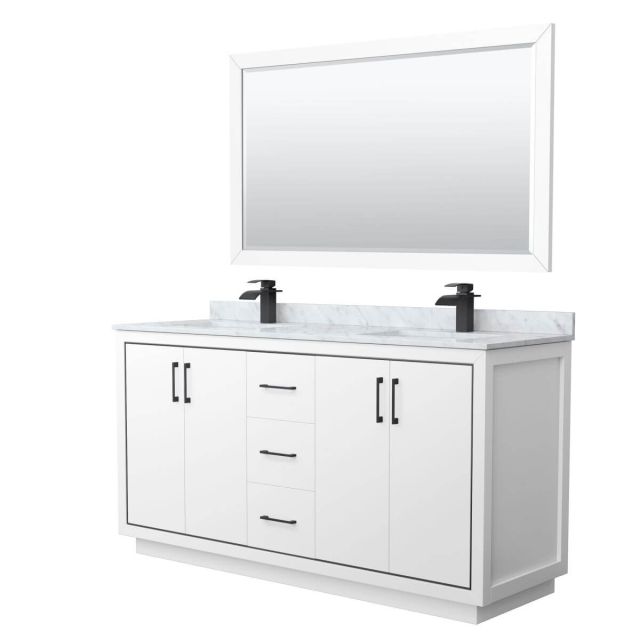 Wyndham Collection WCF111166DWBCMUNSM58 Icon 66 inch Double Bathroom Vanity in White with White Carrara Marble Countertop, Undermount Square Sinks, Matte Black Trim and 58 Inch Mirror