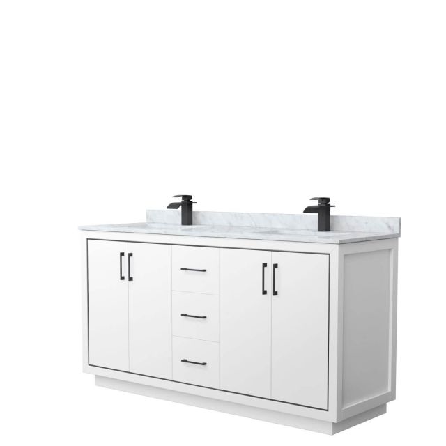 Wyndham Collection WCF111166DWBCMUNSMXX Icon 66 inch Double Bathroom Vanity in White with White Carrara Marble Countertop, Undermount Square Sinks and Matte Black Trim