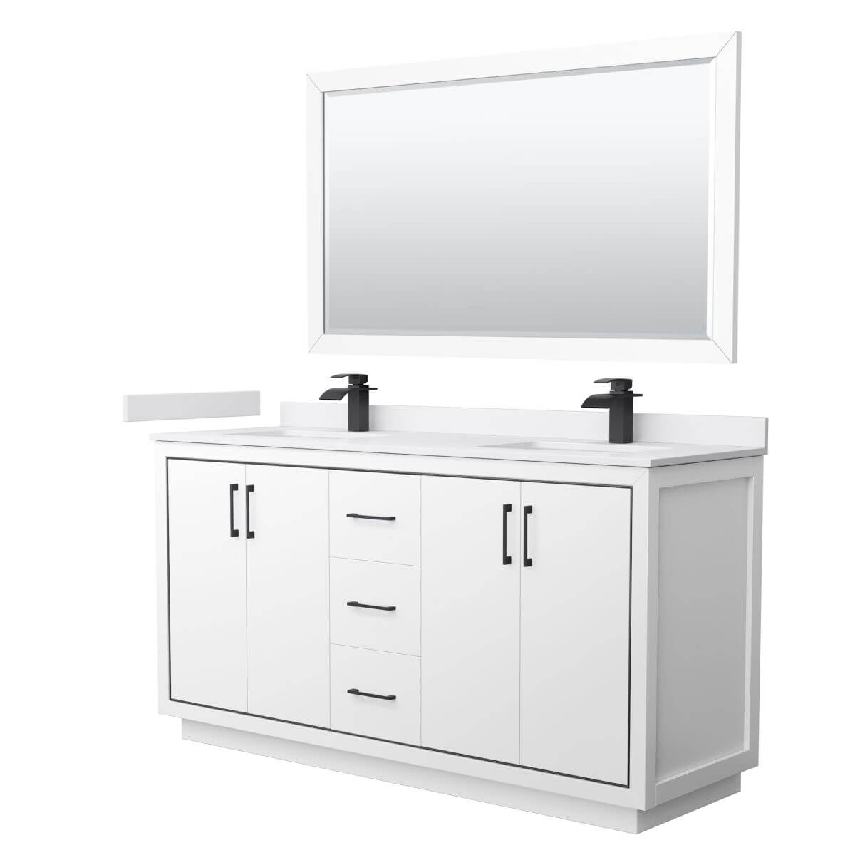 Wyndham Collection WCF111166DWBWCUNSM58 Icon 66 inch Double Bathroom Vanity in White with White Cultured Marble Countertop, Undermount Square Sinks, Matte Black Trim and 58 Inch Mirror