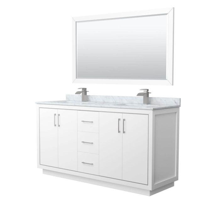 Wyndham Collection WCF111166DWHCMUNSM58 Icon 66 inch Double Bathroom Vanity in White with White Carrara Marble Countertop, Undermount Square Sinks, Brushed Nickel Trim and 58 Inch Mirror