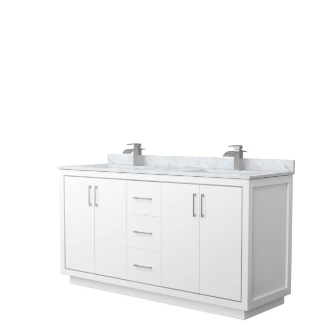 Wyndham Collection WCF111166DWHCMUNSMXX Icon 66 inch Double Bathroom Vanity in White with White Carrara Marble Countertop, Undermount Square Sinks and Brushed Nickel Trim
