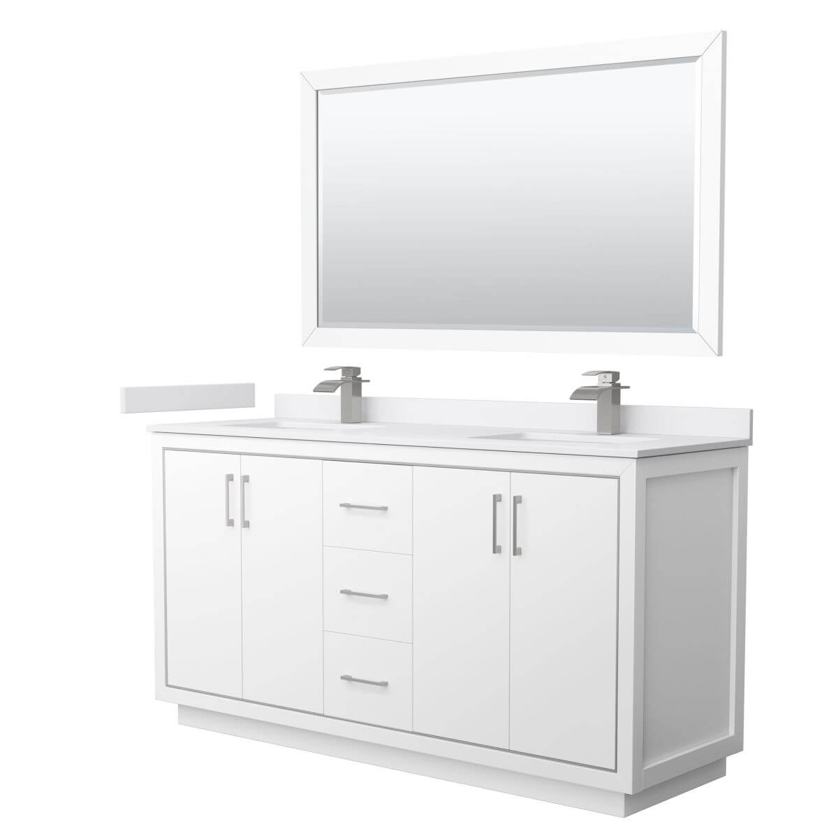 Wyndham Collection WCF111166DWHWCUNSM58 Icon 66 inch Double Bathroom Vanity in White with White Cultured Marble Countertop, Undermount Square Sinks, Brushed Nickel Trim and 58 Inch Mirror