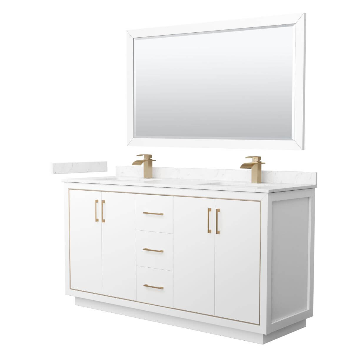 Wyndham Collection WCF111166DWZC2UNSM58 Icon 66 inch Double Bathroom Vanity in White with Carrara Cultured Marble Countertop, Undermount Square Sinks, Satin Bronze Trim and 58 Inch Mirror