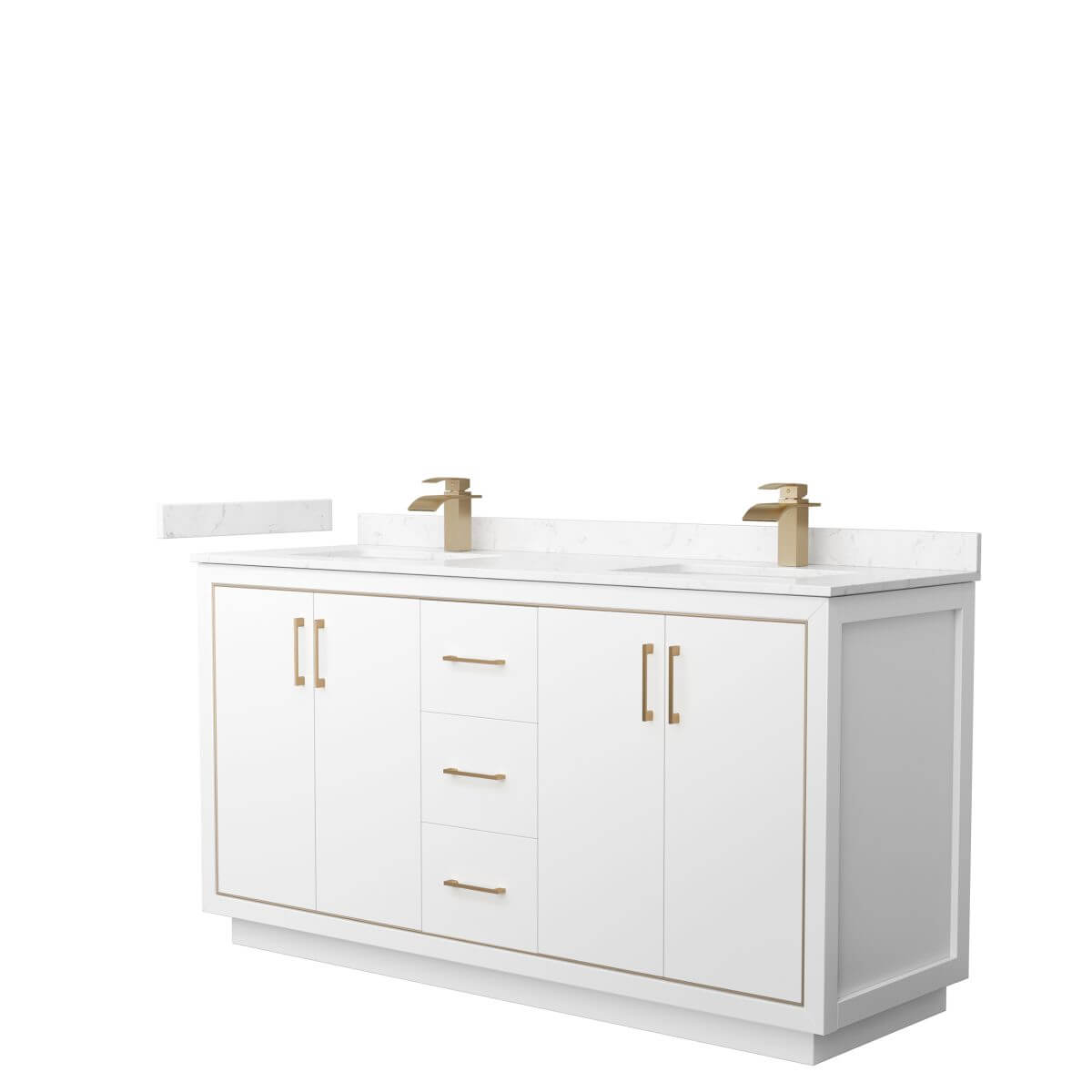 Wyndham Collection WCF111166DWZC2UNSMXX Icon 66 inch Double Bathroom Vanity in White with Carrara Cultured Marble Countertop, Undermount Square Sinks and Satin Bronze Trim