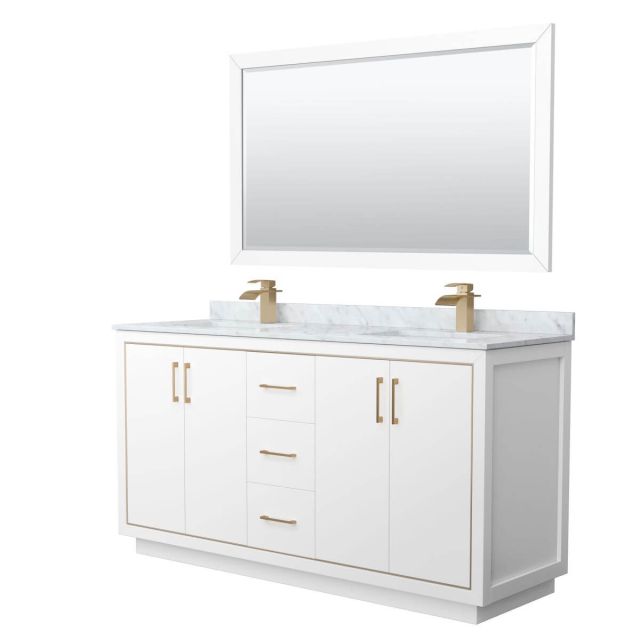 Wyndham Collection WCF111166DWZCMUNSM58 Icon 66 inch Double Bathroom Vanity in White with White Carrara Marble Countertop, Undermount Square Sinks, Satin Bronze Trim and 58 Inch Mirror